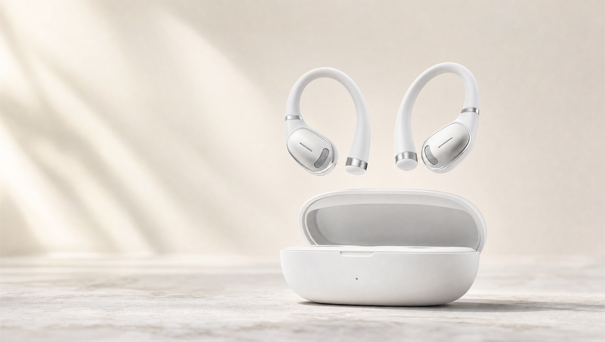 C16S open-ear wireless earbuds with charging case, premium light studio hero shot
