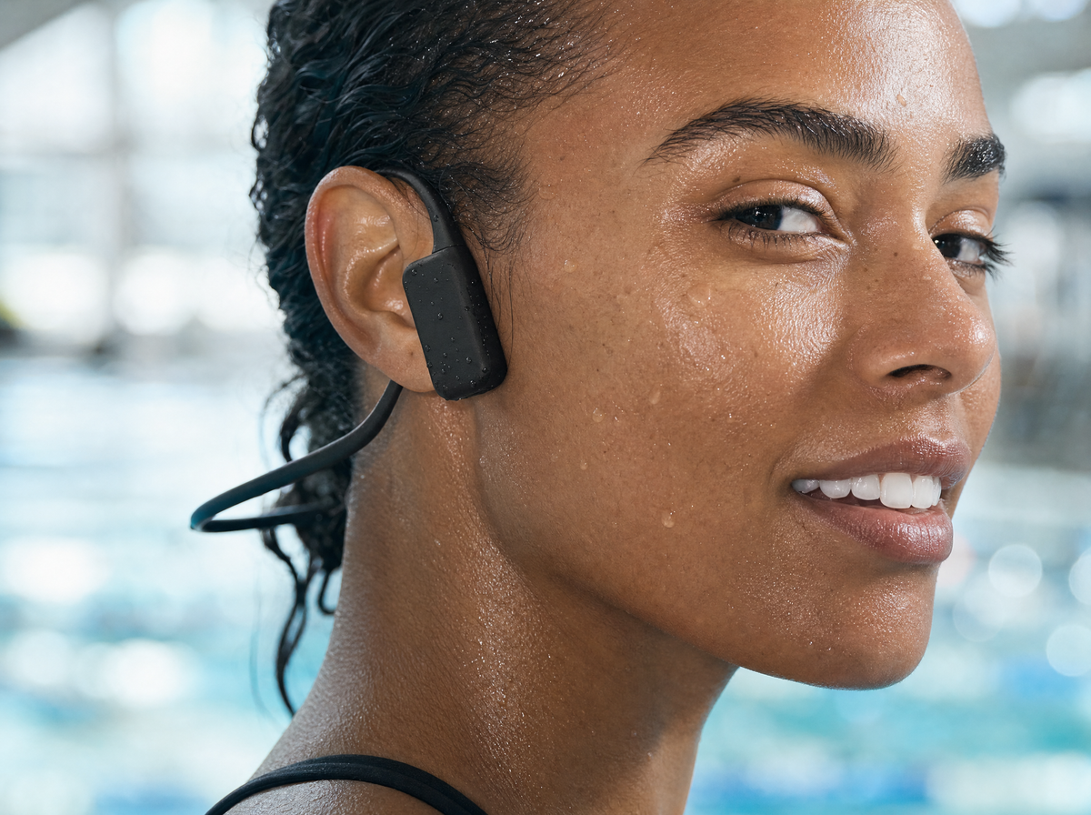 Swimmer wearing B33S bone conduction headphones at indoor pool